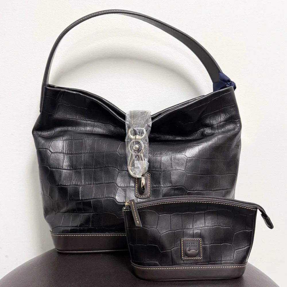 Dooney Bourke Black Brown Leather Croc Embossed Lobster Clasp Hobo Makeup Bag